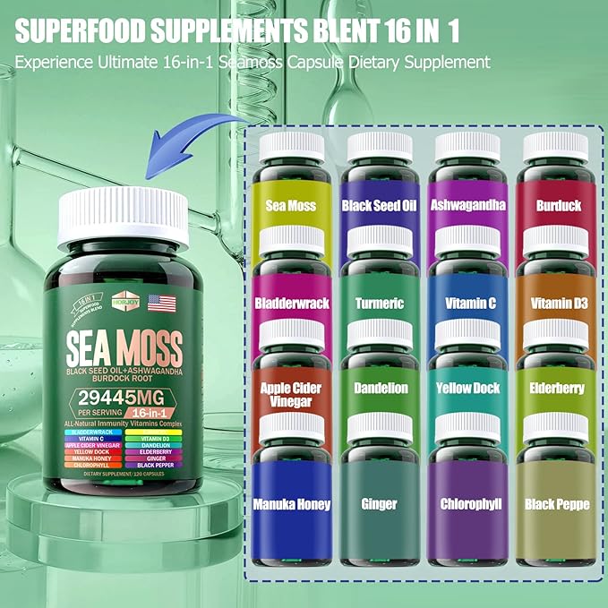 Sea Moss 12000mg Black Seed Oil 6000mg Ashwagandha 3000mg Turmeric 1000mg Bladderwrack 2000mg Burdock 3000mg &amp Vitamin C &amp D3 with Elderberry Manuka Dandelion Yellow Dock Iodine Chlorophyll AC