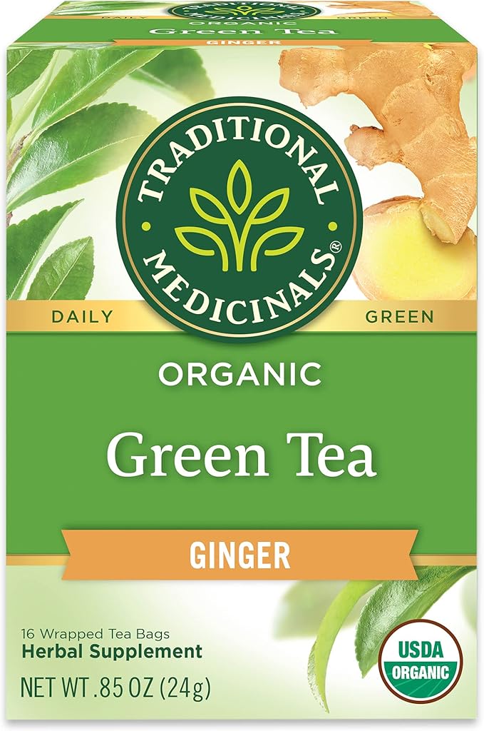 Traditional Medicinals Organic Green Tea Ginger Herbal Tea Promotes Healthy Digestion (Pack of 4) - 64 Tea Bags Total