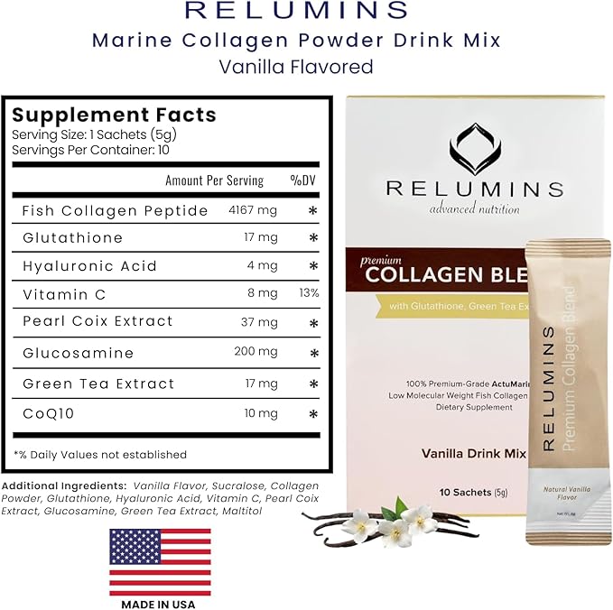 Relumins Premium Collagen Blend Vanilla Flavor 10 Sachets and Gluta 1000 Vegetarian Capsule Skin Support - Bundle