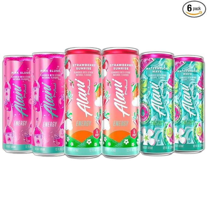 New Alani Energy Drinks Strawberry Sunrise Watermelon Wave Pink Slush Variety Pack Sugar-Free Low-Calorie 200mg Caffeine Energy Boost Drink 12 fl oz (Pack of 6) (Packaging May Vary)