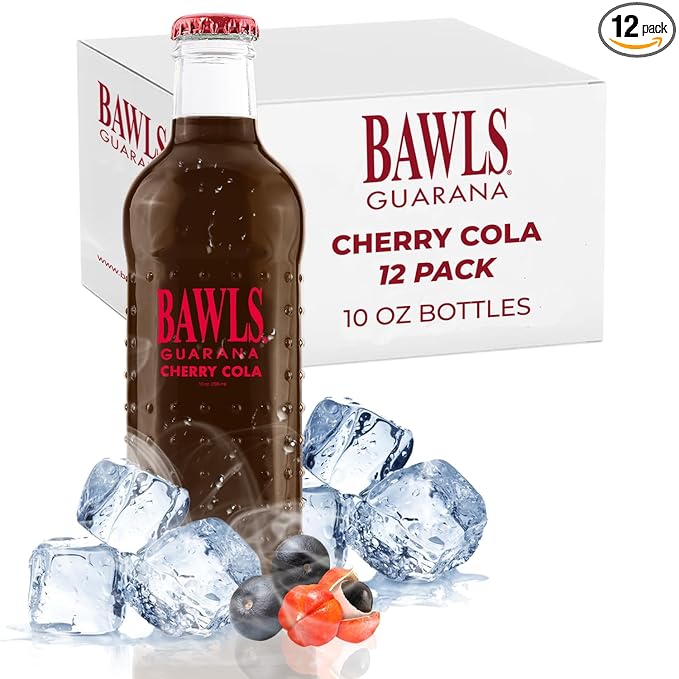 BAWLS Guarana Cherry Cola BAWLS Guarana Drink Guarana Soda Guarana Fueled Soda for Energy High Energy Caffeinated Drink 10oz 12 Pack Glass Bottles