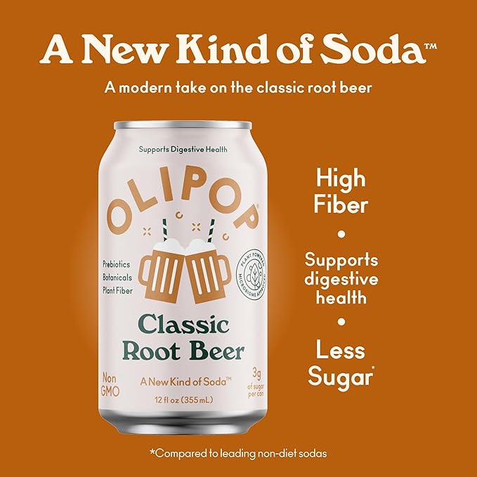 OLIPOP Prebiotic Soda Pop Classic Root Beer Pantry Pack Packed with Prebiotics Fiber and Botanicals Gluten Free Vegan GMO Free 12oz (Pack of 24)