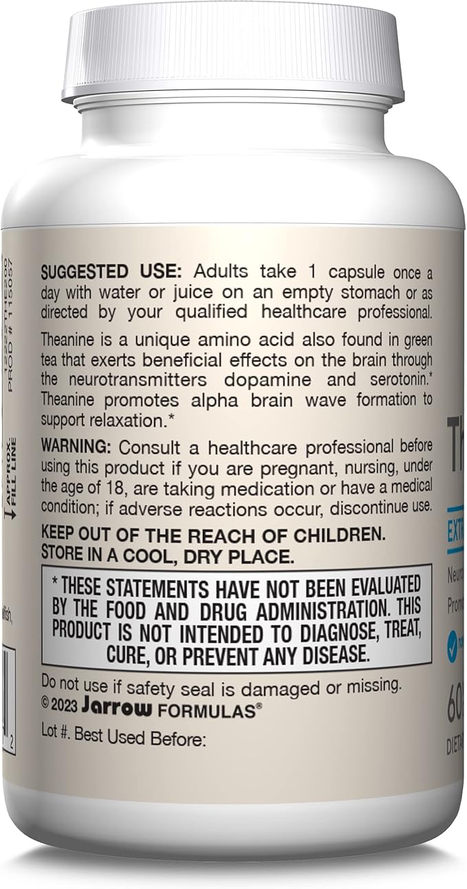 Jarrow Formulas Extra Strength L Theanine 200mg Dietary Supplement that Promotes Relaxation Supplement for Relaxation Support 60 Veggie Capsules 60 Day Supply