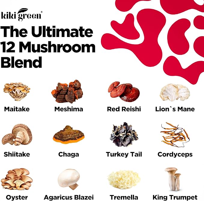 KIKI Green 12 Mushroom Supplement Gummies - Lion's Mane Cordyceps Chaga Reishi Turkey Tail &amp 7 More for Memory Focus Immunity - 60 Mushroom Gummies for Adults with Raspberry Flavor 10:1 Extr