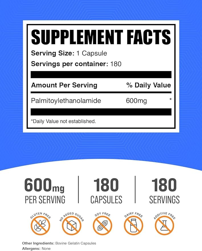 BulkSupplements.com Palmitoylethanolamide Capsules - Pea Supplement Palmitoylethanolamide 600mg for Immmune Support - Gluten Free 1 Capsule per Serving 180 Capsules (Pack of 1)
