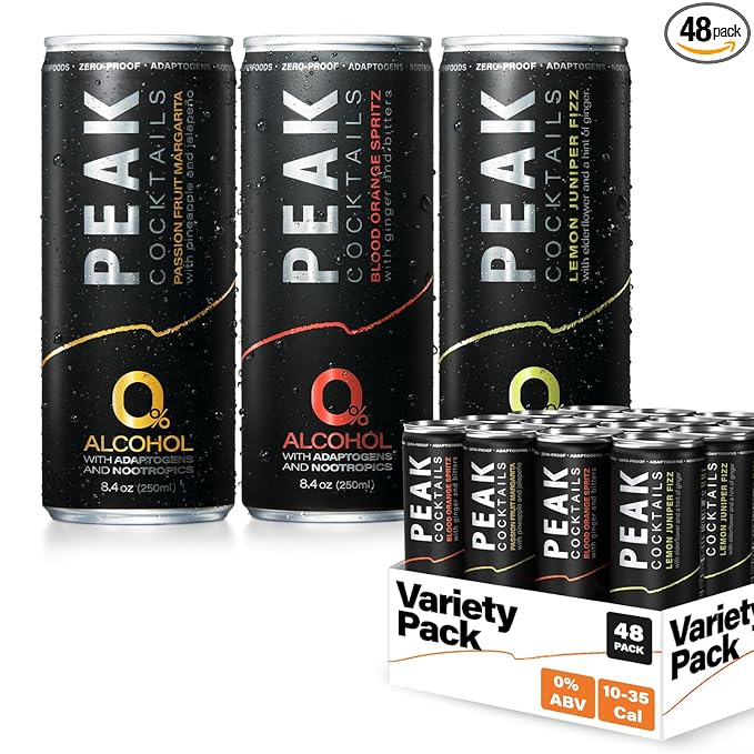 Peak Cocktails Non-Alcoholic Cocktail | Adaptogens Nootropics Superfoods for Calm Recovery and Sleep | Ashwagandha Tart Cherry L-Theanine | Mixologist-crafted | 8.4 oz 48-Pack