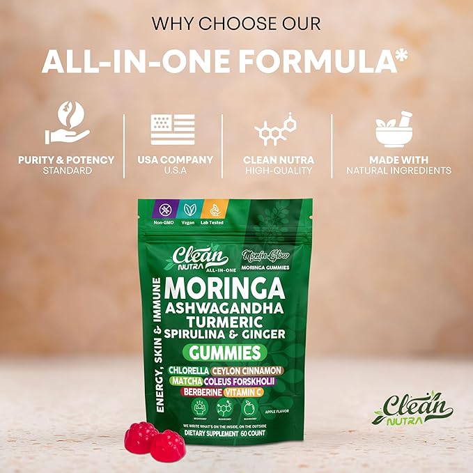 Clean Nutra Moringa Gummies | Pure Moringa Powder Supplement + Ashwagandha Turmeric Spirulina &amp Ginger Energy Skin Immune &amp Gut Health Green Superfood - Moringa Capsules Alternative