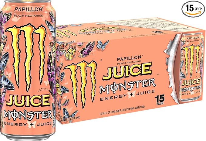 Monster Energy Juice Monster Papillon Peach Nectarine Energy + Juice Energy Drink 16 Ounce (Pack of 15)