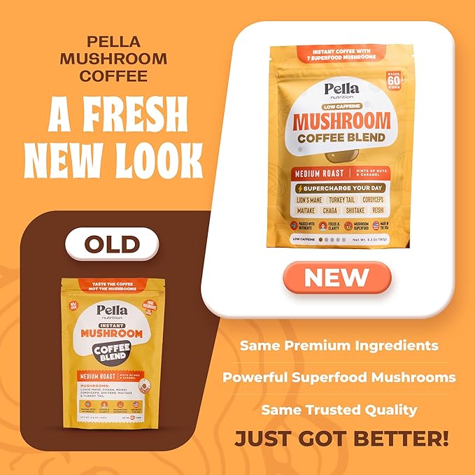Low-Caffeine Mushroom Coffee (60 Servings) – Superfood Great Tasting Instant Coffee – Includes Lion's Mane Reishi Chaga Cordyceps Shiitake Maitake and Turkey Tail Mushroom Supplement