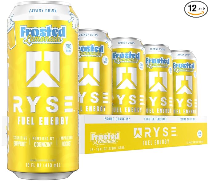 RYSE Fuel Energy Drink - Frosted Lemonade - Sugar Free - 200mg Natural Caffeine New Formula to Supports Cognitive Health &amp Improves Focus - No Artificial Colors - 16 fl oz Cans (12-Pack)