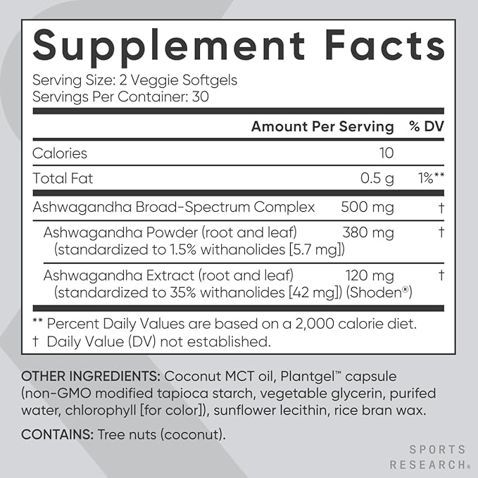 Sports Research® Ashwagandha Softgels with Coconut MCT Oil - Natural Adaptogen Made with Shoden® Ashwa for Relaxation Calm &amp Sleep Support - Gluten Free &amp Vegan Friendly - 60 Count
