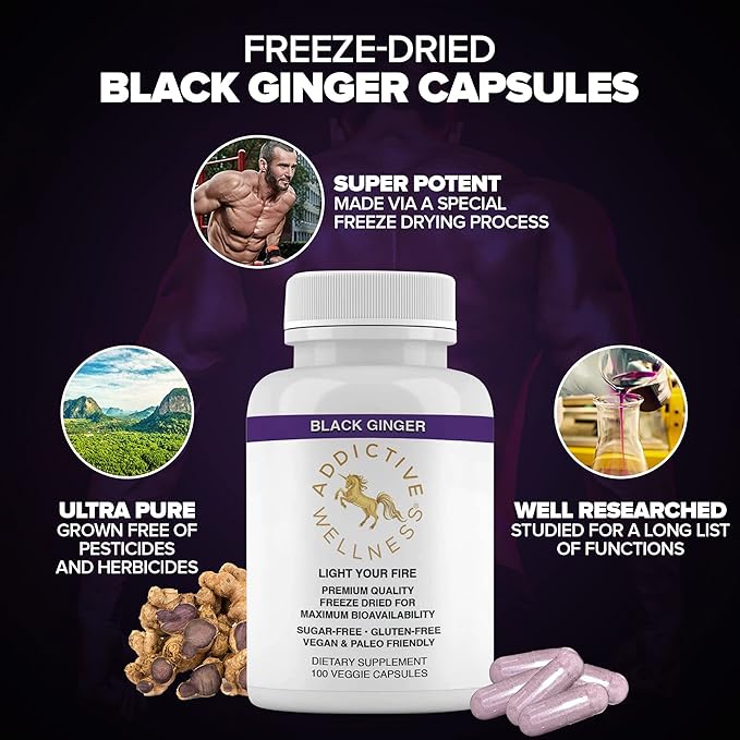 Addictive Wellness Black Ginger Capsules (Kaempferia Parviflora) – Freeze-Dried Full Spectrum Supplement for Energy &amp Stamina Support – Black Ginger Extract – 100 Veggie Capsules