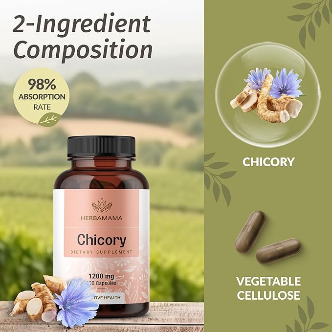HERBAMAMA Chicory Root Fiber Capsules - 1200mg Chicory Root Powder for Gut Cleanse &amp Digestive Support - Vegan Non-GMO Inulin Prebiotic Fiber Supplement