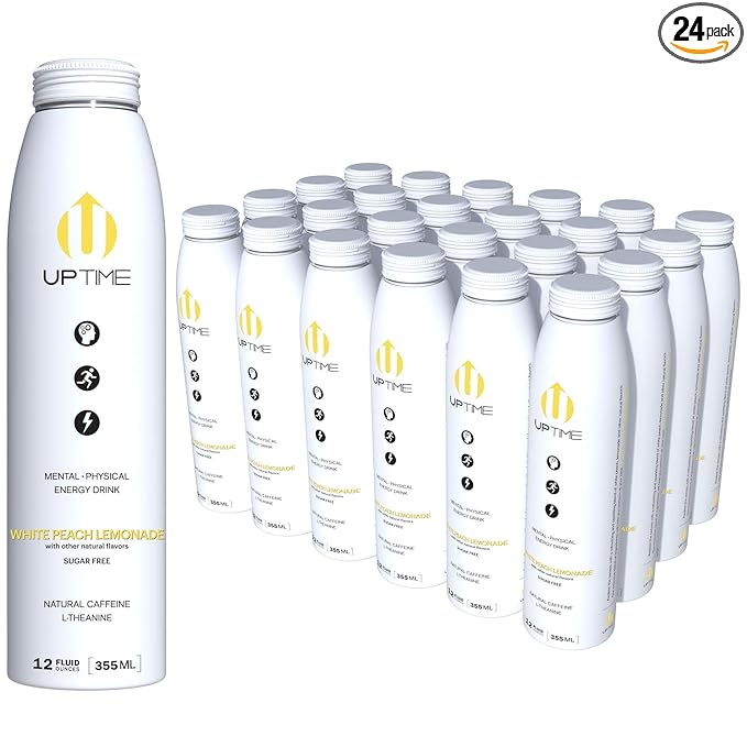 UPTIME – Premium Energy Drink White Peach Lemonade - Sugar Free 12oz Bottles (Case of 24) Better for You Natural Caffeine Sparkling