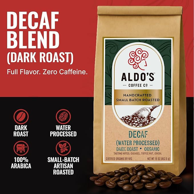 Aldo’s Coffee Co. Organic Water Process Decaf Coffee Dark Roast 100% Arabica from East Timor 16 oz (Coarse Grind)