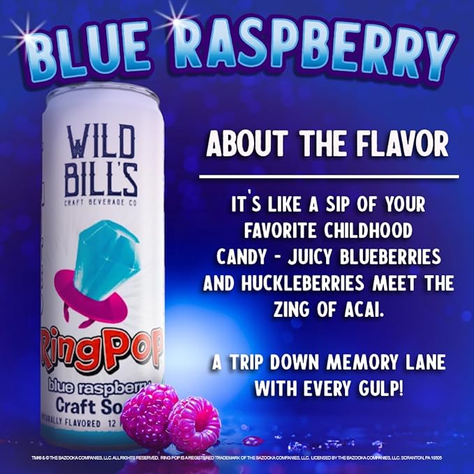 Wild Bill’s Blue Raspberry Ring Pop Craft Soda Pop Soft Drinks – Pure Cane Sugar No HFCS Caffeine Free Vegan Gluten Free Low Sodium Lightly Carbonated - 12 Oz Cans 12 Pack