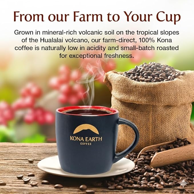 KONA EARTH 100% Kona Premium Coffee Dark Roast Whole Bean (8oz) Farm-Direct Authentic Hawaiian Kona Coffee beans from Hawaii’s Big Island Micro-Batch-Roasted