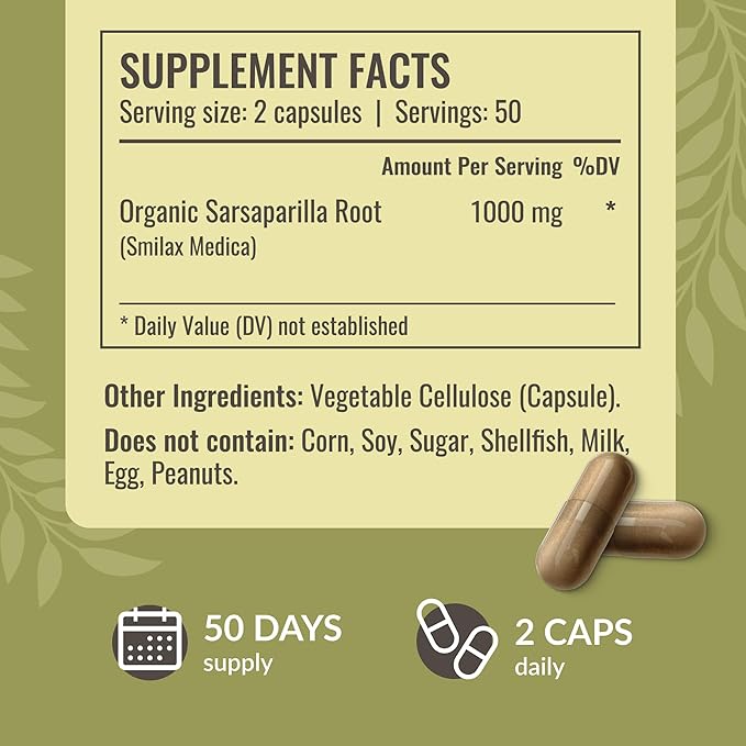 HERBAMAMA Sarsaparilla Root Capsules - 1000mg Sarsaparilla Powder for Herbal Liver Cleanse Support - Vegan Non-GMO Smilax Liver Supplement