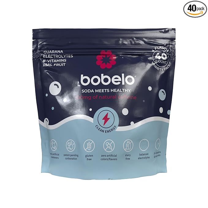 Bobelo Natural Energy Drink Powder - 4 Flavors Variety Pack Sugar Free Self Carbonating Hydration Packets w/ 100mg Guarana Caffeine Electrolyte Drink Mix Low Calorie Keto Friendly 40 Count