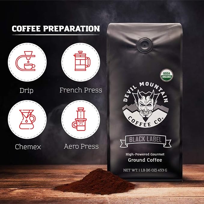 Devil Mountain Coffee Black Label Dark Roast Ground Coffee Strong High Caffeine Coffee Grounds USDA Organic Fair Trade Gourmet Artisan Roasted Strongest Coffee in the World 80 oz Bag