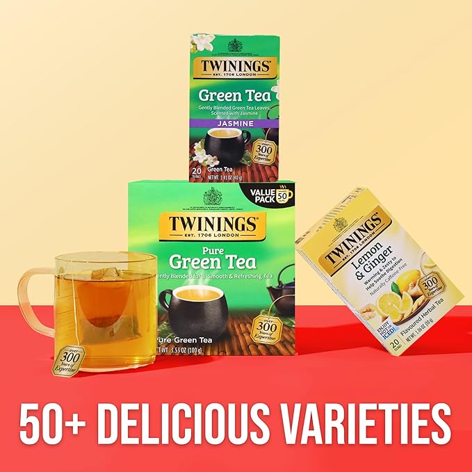 Twinings Pure Green Tea Individually Wrapped Bags 50 Count (Pack of 6) Smooth Flavour Enticing Aroma Caffeinated Enjoy Hot or Iced 300 Teabags