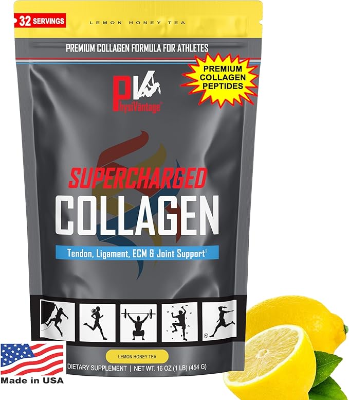 PhysiVantage Supercharged Collagen Peptides Powder - Hydrolyzed Collagen for Joint Tendon Ligament &amp Skin Health - Lemon Honey Tea Keto Paleo 16oz | Enhanced with Vitamin C BCAAs Grass-Fed
