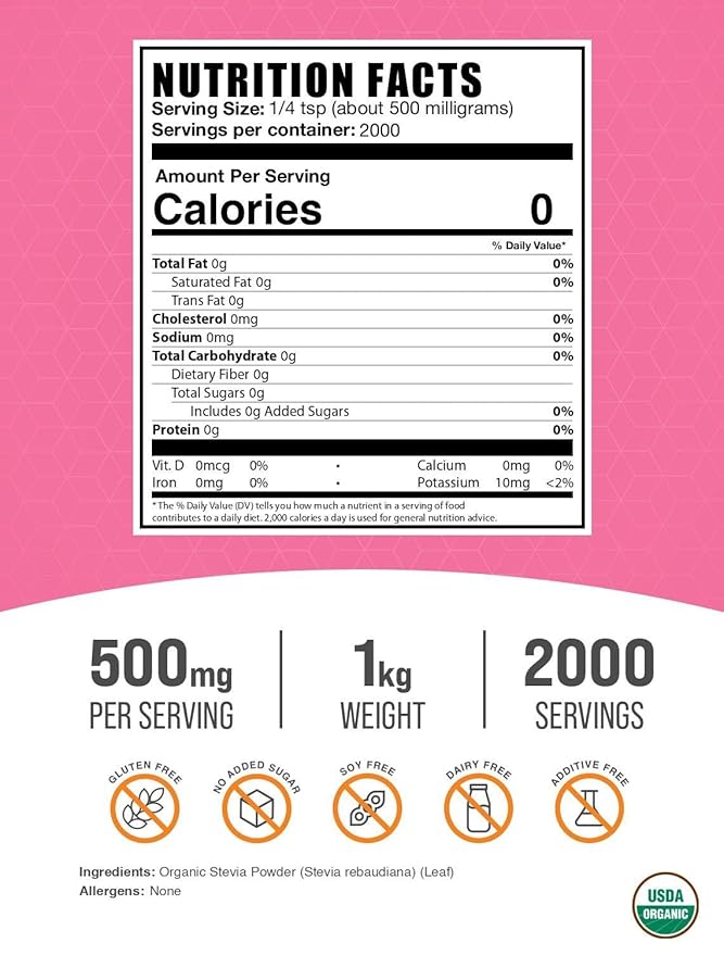 BulkSupplements.com Organic Stevia Powder - Pure Sweetener Sourced from Stevia Leaves Herbal Supplement - Vegan &amp Gluten Free 500mg per Serving 1kg (2.2 lbs) (Pack of 1)