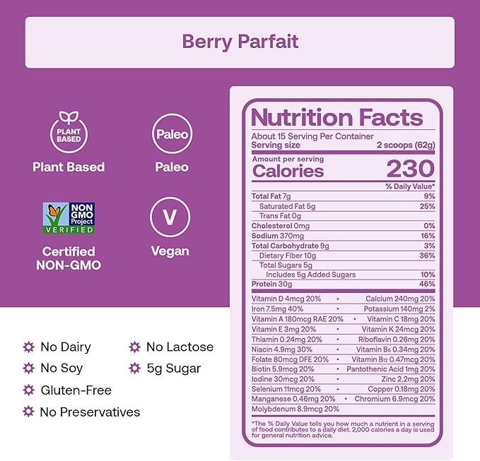 Happy Viking Plant-Based Protein Powder +100 Superfoods Berry Parfait Meal Replacement Shake Created by Venus Williams 30g Plant Protein 10g Fiber Vegan Gluten-Free Non-GMO 15 Meals