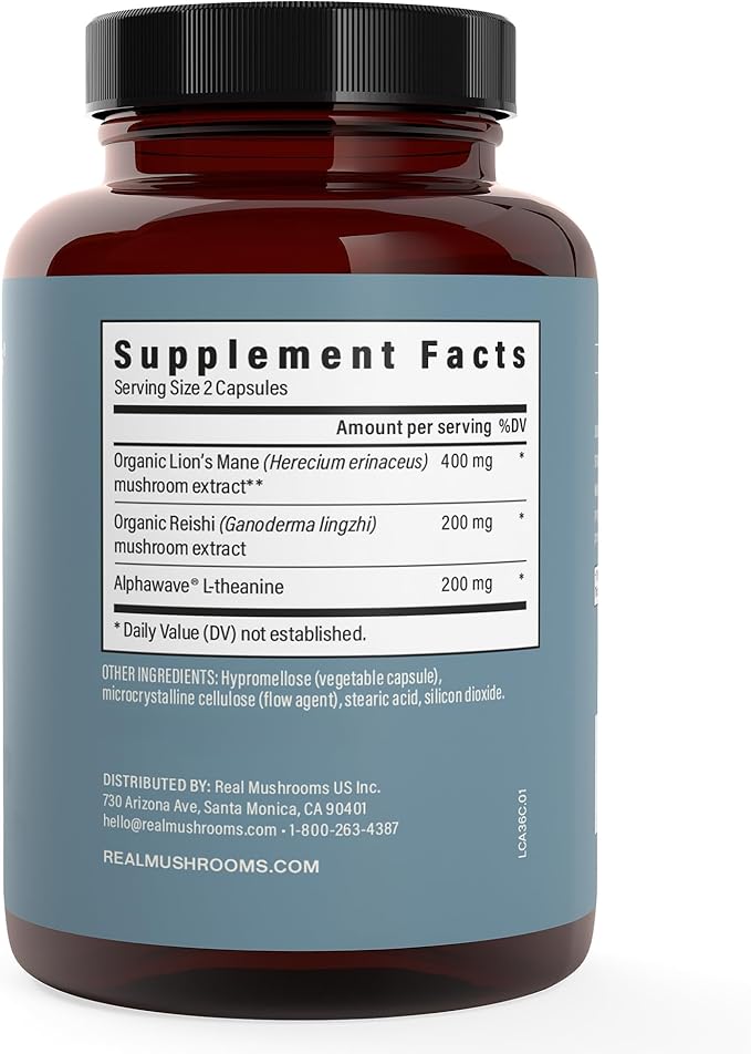 Real Mushrooms Lion’s Mane Calm Capsules (90 Count) – Organic Lions Mane Fruiting Body Extracts 200mg Organic Reishi 200mg AlphaWave L-Theanine for Calm Clarity &amp Relaxed Alertness 90ct