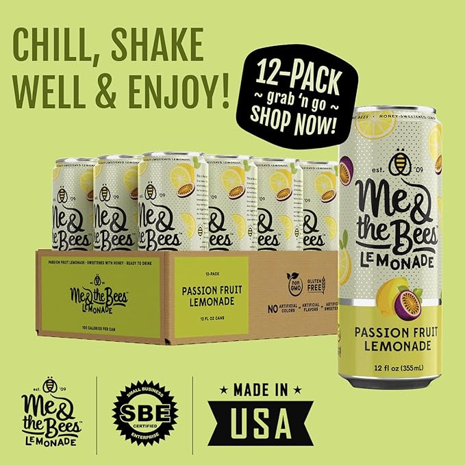 Me &amp the Bees Lemonade Passion Fruit Lemonade Refreshing All-Natural Drink No-Artificial Colors Perfect for Any Occasion (Pack of 12)