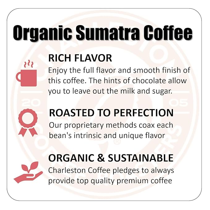 Charleston Coffee Roasters | Specialty Organic Ground Coffee | Hand Picked Premium Slow Roast (Sumatra Bold Roast) 12oz 6 pack