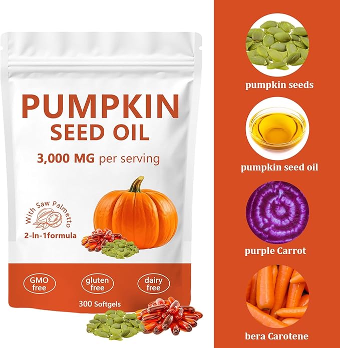 Ovela Pumpkin Seed Oil Capsules Pumpkin Seed Oil 2 in 1 with Saw Palmetto 3000mg Pure &amp Natural Supplement Hair Growth Skin Care - Non-GMO Gluten - Free 300 Softgels