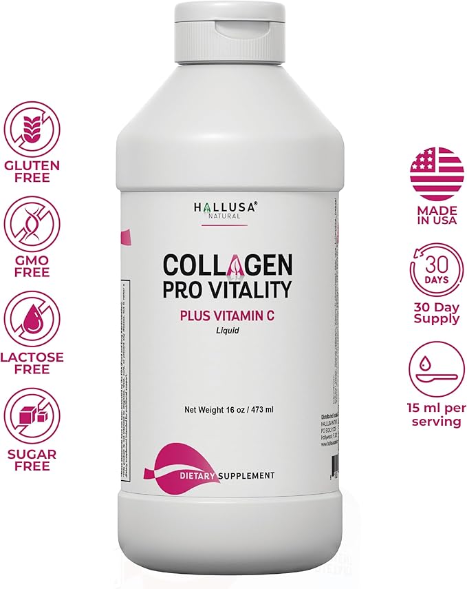 Hallusa Natural COLAGENO LIQUIDO HIDROLIZADO MAS VITAMINAS C | Collagen Pro Vitality Plus Vitamin C | Liquid Hydrolyzed Collagen 16oz with Vitamin C | Healthy Hair Skin Nails Bone &amp Joint Suppo