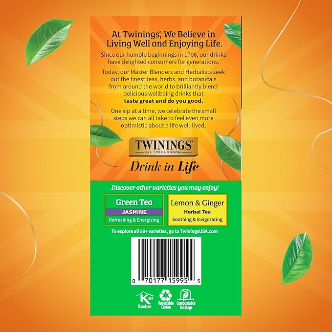 Twinings Pure Green Tea Individually Wrapped Bags 50 Count (Pack of 6) Smooth Flavour Enticing Aroma Caffeinated Enjoy Hot or Iced 300 Teabags
