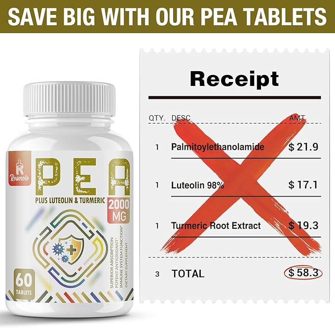1500 MG Palmitoylethanolamide with Luteolin 98% &amp Turmeric High Absorption Micronized Pea Supplement for Discomfort Management- USA Made - 120 Tablets