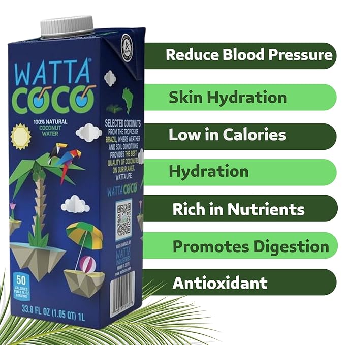 Watta Coco Natural Brazilian Coconut Water No Added Sugar - Unsweetened and Preservative Free Agua de Coco - Healthy Drinks and Juice Alternative for Adults and Kids from Young Raw Green Coconuts 33