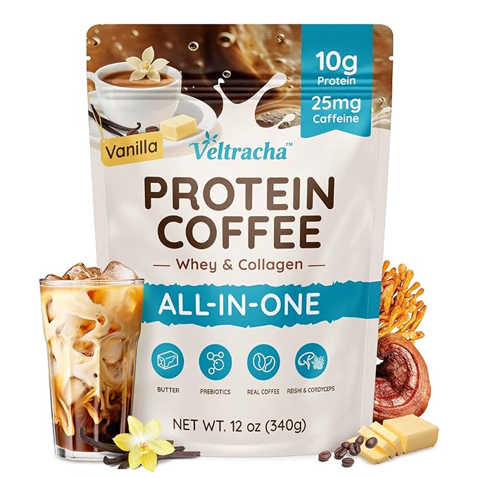 Whey Protein Coffee Collagen Protein Iced Coffee with Prebiotic Mushrooms &amp Butter Natural Energy without Jitters - Decaf No Artificial Additives &amp Sweeteners Vanilla 20 Servings