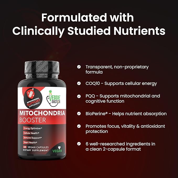Vegan Mitochondrial Support – Advanced Cellular Wellness &amp Natural Energy Formula with CoQ10 PQQ Acetyl-L-Carnitine Alpha-Lipoic Acid Magnesium BioPerine® - Daily Support (60 Capsules)