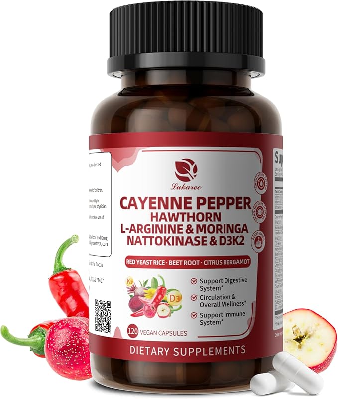 Cayenne Pepper Enteric-Coated Capsules - 18 in 1 Concentrated Complex w/High Potency Nutrient Moringa Hawthorn L-Arginine &amp D3K2 - Supports Circulation Heart &amp Digestion* - Natural | GMP 1