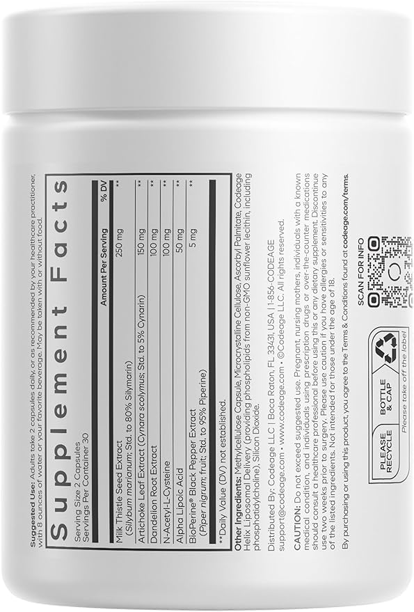 Codeage Liposomal Milk Thistle+ Supplement - Silymarin from Silybum Marianum NAC Artichoke Leaf Dandelion Root Alpha Lipoic Acid BioPerine Liposomal Delivery - Non-GMO - 60 Capsules