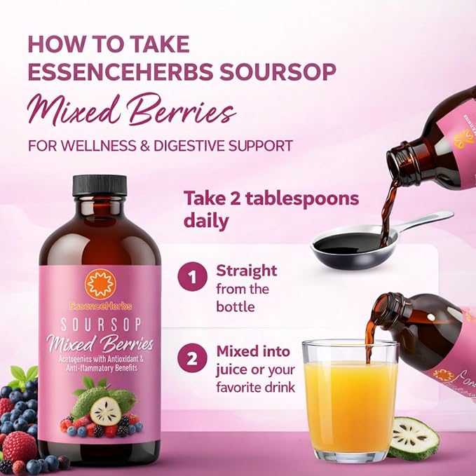 Essence Herbs Soursop Bitters Liquid with Mixed Berries Gut &amp Digestive Support Antioxidant Herbal Supplement with Soursop Leaves Moringa Black Seed &amp Turmeric 16 fl oz