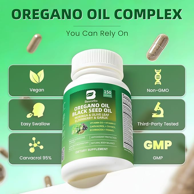2PCS Oil of Oregano with Black Seed Oil - Oregano Oil Capsules Organic | Moringa Garlic Olive Elderberry Echinacea Fennel - 95% High Carvacrol Oregano for Immune Digestive Support - 300 Capsules