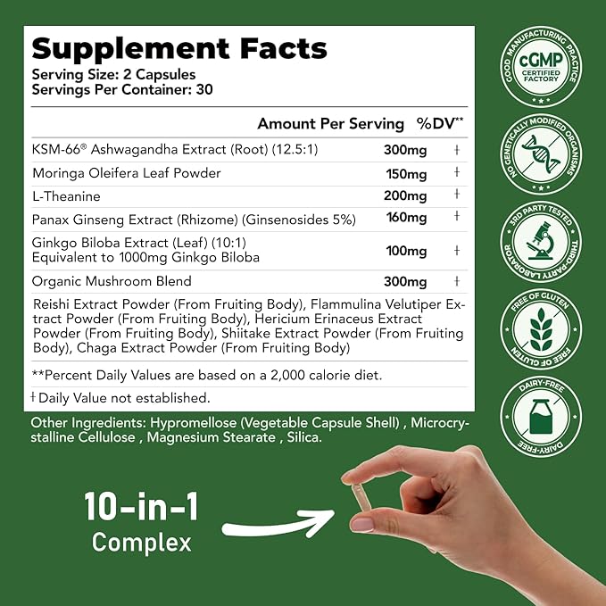 GlowEver KSM-66 Ashwagandha Supplements with L-Theanine Moringa Organic Mushrooms Complex Ginseng Ginkgo Biloba - Mood &amp Energy Support Cortisol Manager Immune Support 60 Vegan Capsules