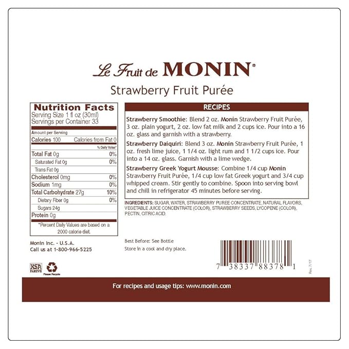 Monin - Strawberry Purée Juicy and Sweet Great for Sodas and Teas Gluten-Free Vegan Non-GMO (1 Liter)
