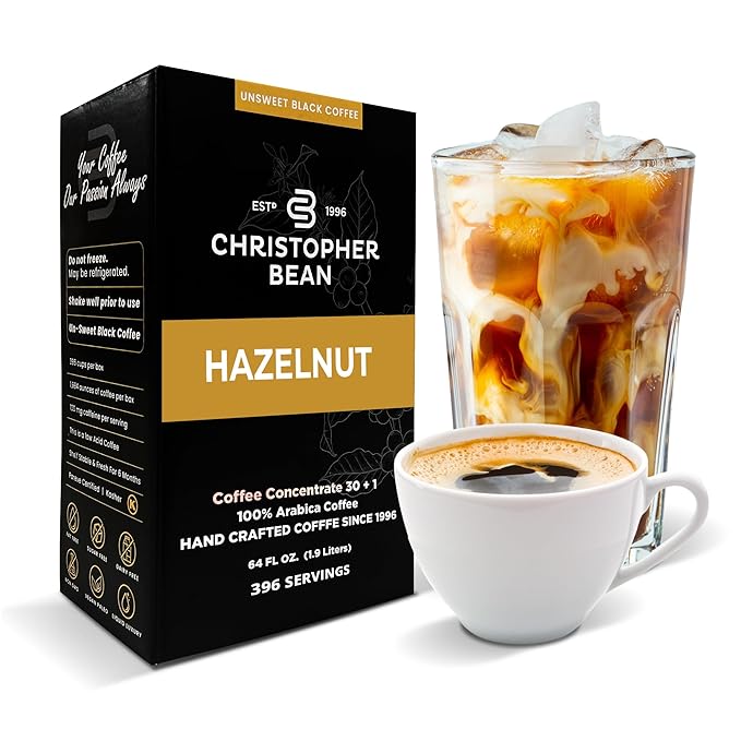 Christopher Bean Coffee - 396 servings 30 to 1 Blend Bag in Box Liquid Instant Coffee or Cold Brew Coffee Concentrate - Hot or Iced Coffee - Hazelnut