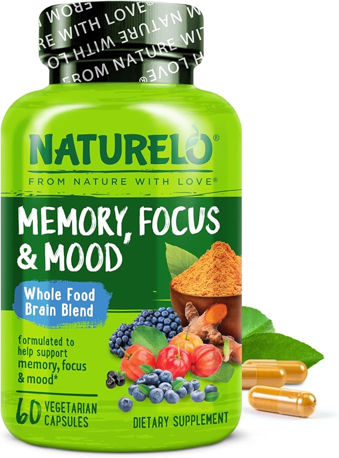 NATURELO Whole Food Brain Supplement - Brain Health Supplements for Memory &amp Focus Support - Enhance Brain Health Blend Supplement for Adults - 60 Vegetarian Capsules