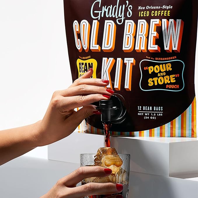 GRADY’S COLD BREW New Orleans Style - DECAF 100% Arabica Ground Coffee &amp Chicory Pouches All-in-One Cold Brew Kit with 12 Easy-to-Brew Beans Bags Makes 36 drinks