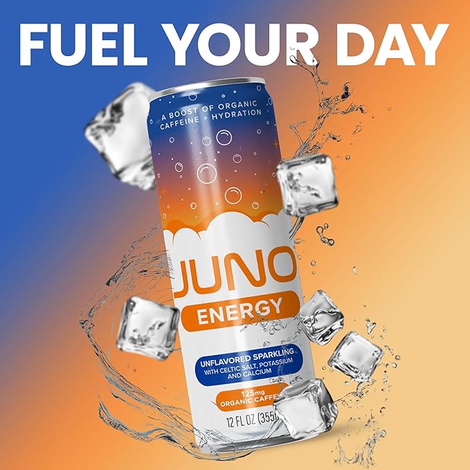 JUNO ENERGY Unflavored Sparkling Energy Drink - Sugar Free 125mg Organic Caffeine from Green Coffee Beans with Celtic Salt Potassium &amp Calcium for Hydration &amp Energy - 12 Pack