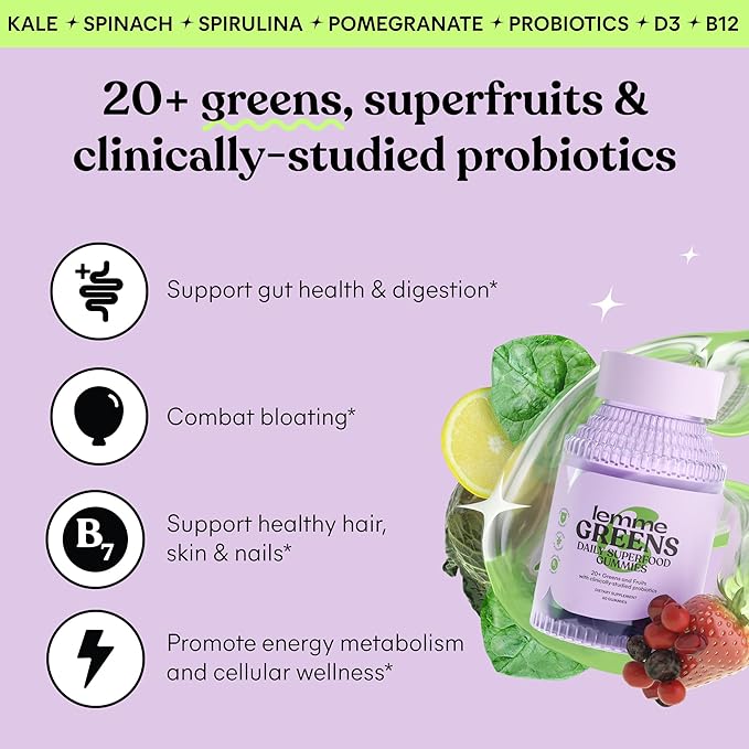 Lemme Greens Superfood Gummies w/Multi - Support Gut Health &amp Reduce Bloating 20+ Organic Greens and Superfruits Clinically Studied Probiotics D3 B12 - Berries &amp Greens Flavored (60 Count)