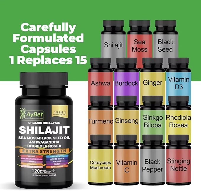 Shilajit for Men and Women-Organic Himalayan Shilajit Capsules with Sea Moss Black Seed Oil Ashwagandha Rhodiola Rosea Burdock Cordyceps Mushroom Ginseng Turmeric Ginger 120 Capsules